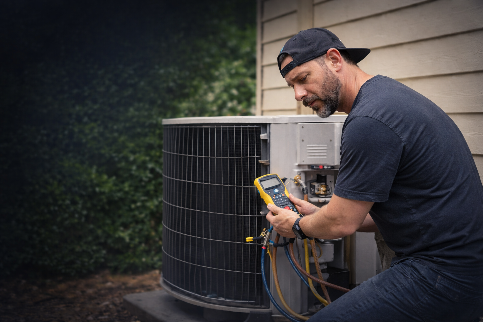 Technician servicing HVAC outdoor unit